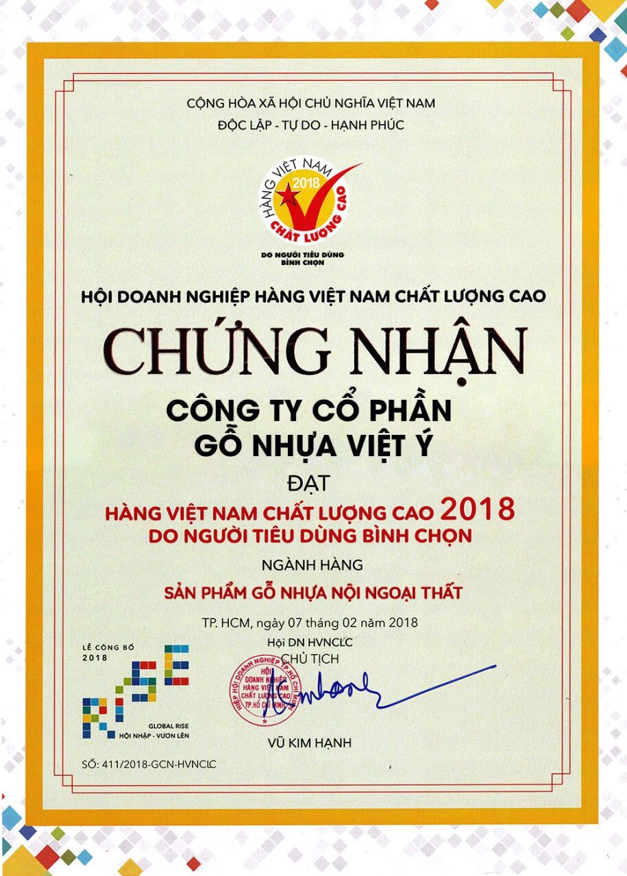 Chung Nhan Cong Ty Co Phan Go Nhua Viet Y
