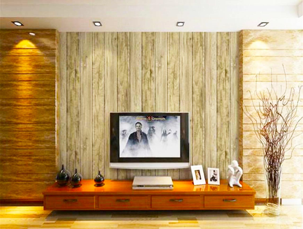 Tấm nhựa giả gỗ ốp tường tô điểm không gian sang trọng của phòng khách