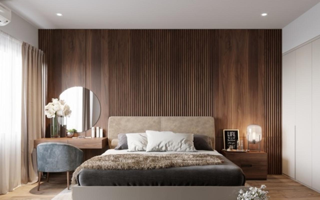 Mẫu ốp tường phòng ngủ đẹp với tấm nhựa ốp tường vân gỗ
