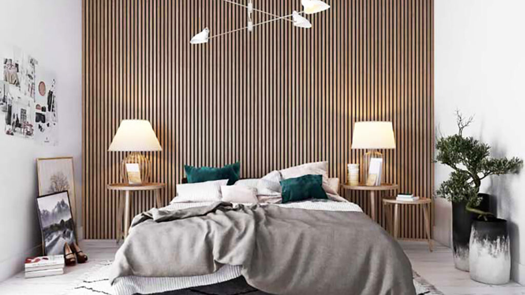 Mẫu phòng ngủ hiện đại với tấm nhựa ốp tường giả gỗ